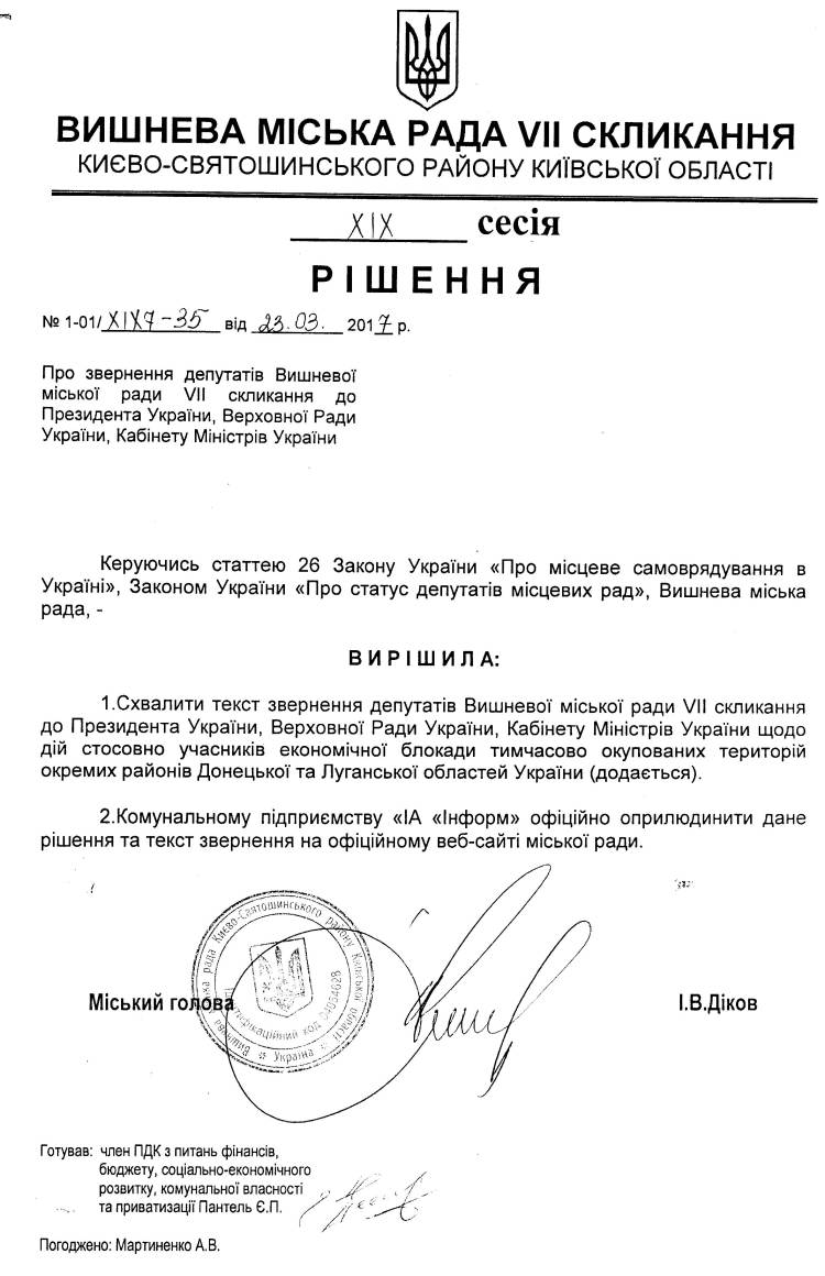 РІШЕННЯ ХIХ СЕСІЇ VIІ СКЛИКАННЯ від 23.03.2017 року
